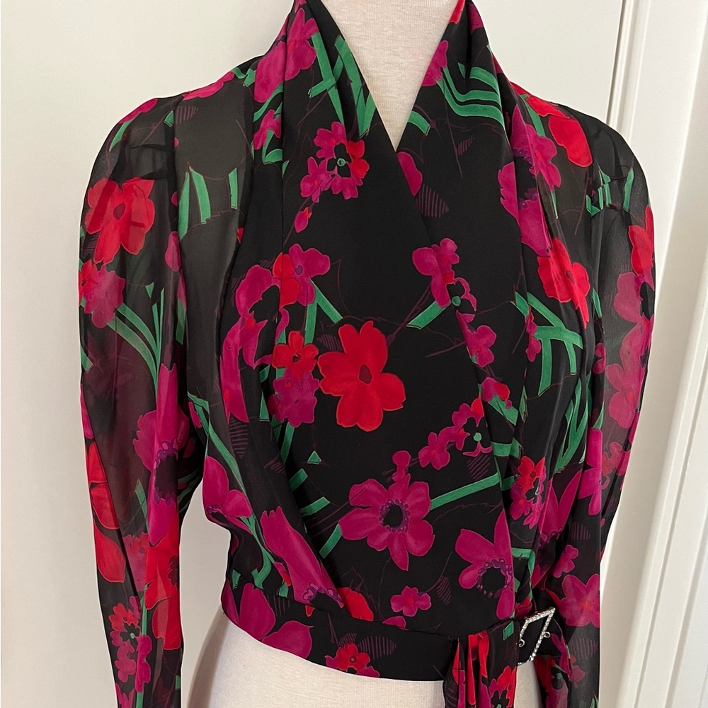 John Galliano NEW Black and Red Floral Wrap Blouse made in Italy